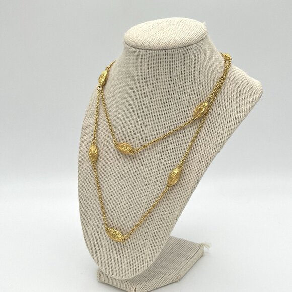 Vintage Gold Tone Chain Necklace w/ Embossed Oval Beads Retro Costume Boho MCM - Picture 2 of 5